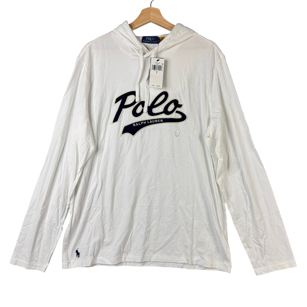 Polo Ralph Lauren Mens White Script Logo Hooded Long Sleeve T-Shirt Size L NEW
